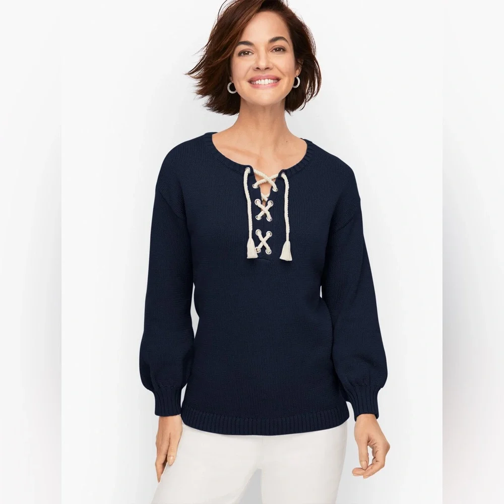 Talbots Plus Navy Lace Up Sweater Size 1X Bishop Sleeve Ribbed Hem Nautical Boat